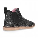 BLACK GLITTER NAPPA leather kids ankle boot shoes with elastic band and zipper closure.