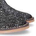 BLACK GLITTER NAPPA leather kids ankle boot shoes with elastic band and zipper closure.