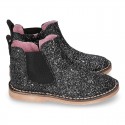 BLACK GLITTER NAPPA leather kids ankle boot shoes with elastic band and zipper closure.