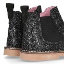 BLACK GLITTER NAPPA leather kids ankle boot shoes with elastic band and zipper closure.