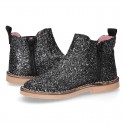 BLACK GLITTER NAPPA leather kids ankle boot shoes with elastic band and zipper closure.