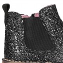 BLACK GLITTER NAPPA leather kids ankle boot shoes with elastic band and zipper closure.