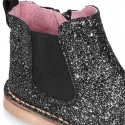 BLACK GLITTER NAPPA leather kids ankle boot shoes with elastic band and zipper closure.