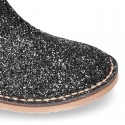 BLACK GLITTER NAPPA leather kids ankle boot shoes with elastic band and zipper closure.