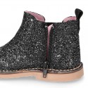 BLACK GLITTER NAPPA leather kids ankle boot shoes with elastic band and zipper closure.