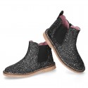 BLACK GLITTER NAPPA leather kids ankle boot shoes with elastic band and zipper closure.