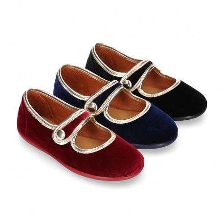 New stylized little Mary Jane shoes with velcro strap and button with GOLDEN design in velvet.