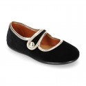 New stylized little Mary Jane shoes with velcro strap and button with GOLDEN design in velvet.