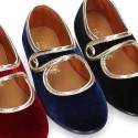 New stylized little Mary Jane shoes with velcro strap and button with GOLDEN design in velvet.