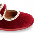 New stylized little Mary Jane shoes with velcro strap and button with GOLDEN design in velvet.