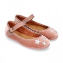 New Stylized velvet canvas little Mary Jane shoes with buckle fastening and STARS design.