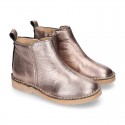 Casual METAL NAPPA leather kids ankle boot shoes with elastic band and zipper closure.