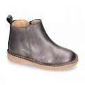 Casual METAL NAPPA leather kids ankle boot shoes with elastic band and zipper closure.