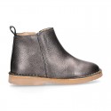 Casual METAL NAPPA leather kids ankle boot shoes with elastic band and zipper closure.