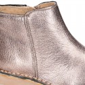 Casual METAL NAPPA leather kids ankle boot shoes with elastic band and zipper closure.