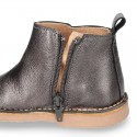 Casual METAL NAPPA leather kids ankle boot shoes with elastic band and zipper closure.