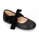 New Autumn winter print canvas Mary Jane shoes with ties closure with Velvet big bow.