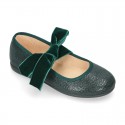 New Autumn winter print canvas Mary Jane shoes with ties closure with Velvet big bow.