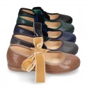 New Autumn winter print canvas Mary Jane shoes with ties closure with Velvet big bow.