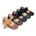 New Autumn winter print canvas Mary Jane shoes with ties closure with Velvet big bow.