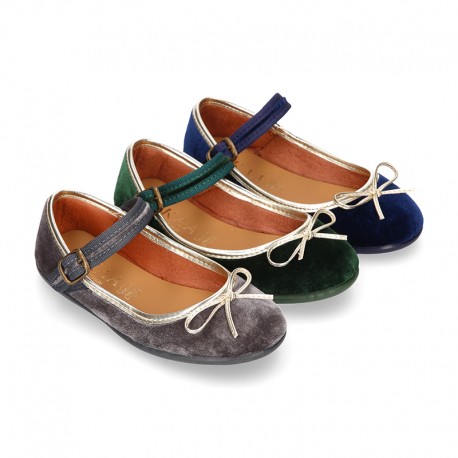 New stylized little Mary Jane shoes with GOLDEN RIBBON design in velvet.