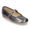 METAL patent leather classic Mary Jane shoes with velcro strap and button.