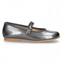 METAL patent leather classic Mary Jane shoes with velcro strap and button.