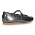 METAL patent leather classic Mary Jane shoes with velcro strap and button.