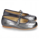 METAL patent leather classic Mary Jane shoes with velcro strap and button.