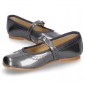 METAL patent leather classic Mary Jane shoes with velcro strap and button.