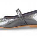 METAL patent leather classic Mary Jane shoes with velcro strap and button.