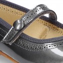 METAL patent leather classic Mary Jane shoes with velcro strap and button.