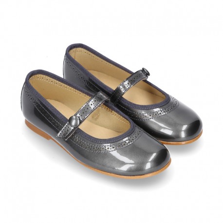 METAL patent leather classic Mary Jane shoes with velcro strap and button.