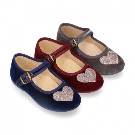 Velvet canvas Little Mary Janes with SHINY HEART design.