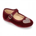 Velvet canvas Little Mary Janes with SHINY HEART design.