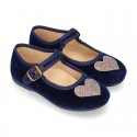 Velvet canvas Little Mary Janes with SHINY HEART design.