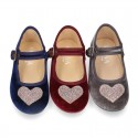 Velvet canvas Little Mary Janes with SHINY HEART design.