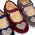 Velvet canvas Little Mary Janes with SHINY HEART design.