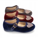 Velvet canvas Little Mary Janes with SHINY HEART design.