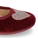 Velvet canvas Little Mary Janes with SHINY HEART design.