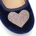 Velvet canvas Little Mary Janes with SHINY HEART design.