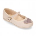 Autumn winter canvas Little Mary Janes with SHINY HEART design.