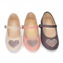 Autumn winter canvas Little Mary Janes with SHINY HEART design.