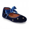 Velvet canvas Little Mary Jane shoes with embroidery STARS design.