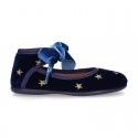 Velvet canvas Little Mary Jane shoes with embroidery STARS design.