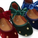 Velvet canvas Little Mary Jane shoes with embroidery STARS design.