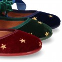 Velvet canvas Little Mary Jane shoes with embroidery STARS design.