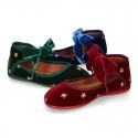 Velvet canvas Little Mary Jane shoes with embroidery STARS design.