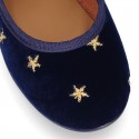 Velvet canvas Little Mary Jane shoes with embroidery STARS design.