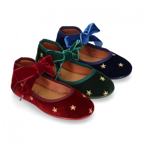 Velvet canvas Little Mary Jane shoes with embroidery STARS design.